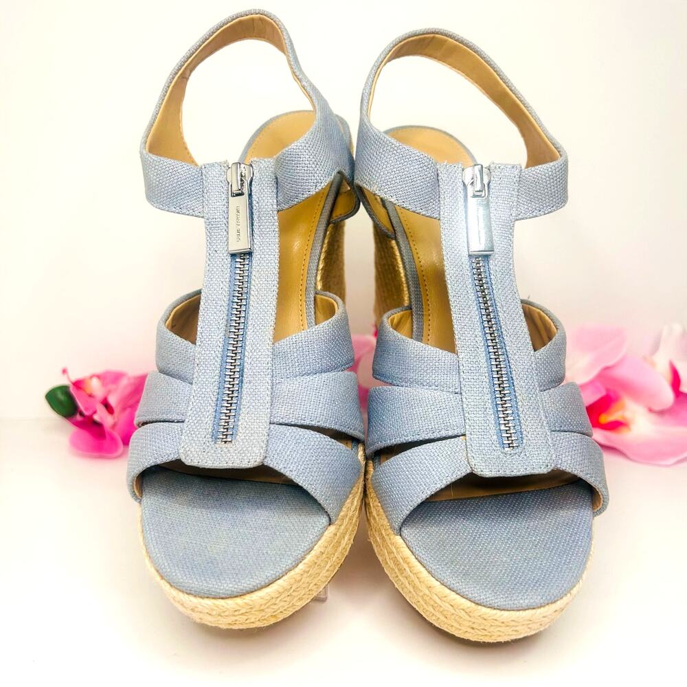 Michael Kors Berkley Espadrille Wedge Sandals 8.5M Blue Linen Zip Platform - Picture 5 of 17